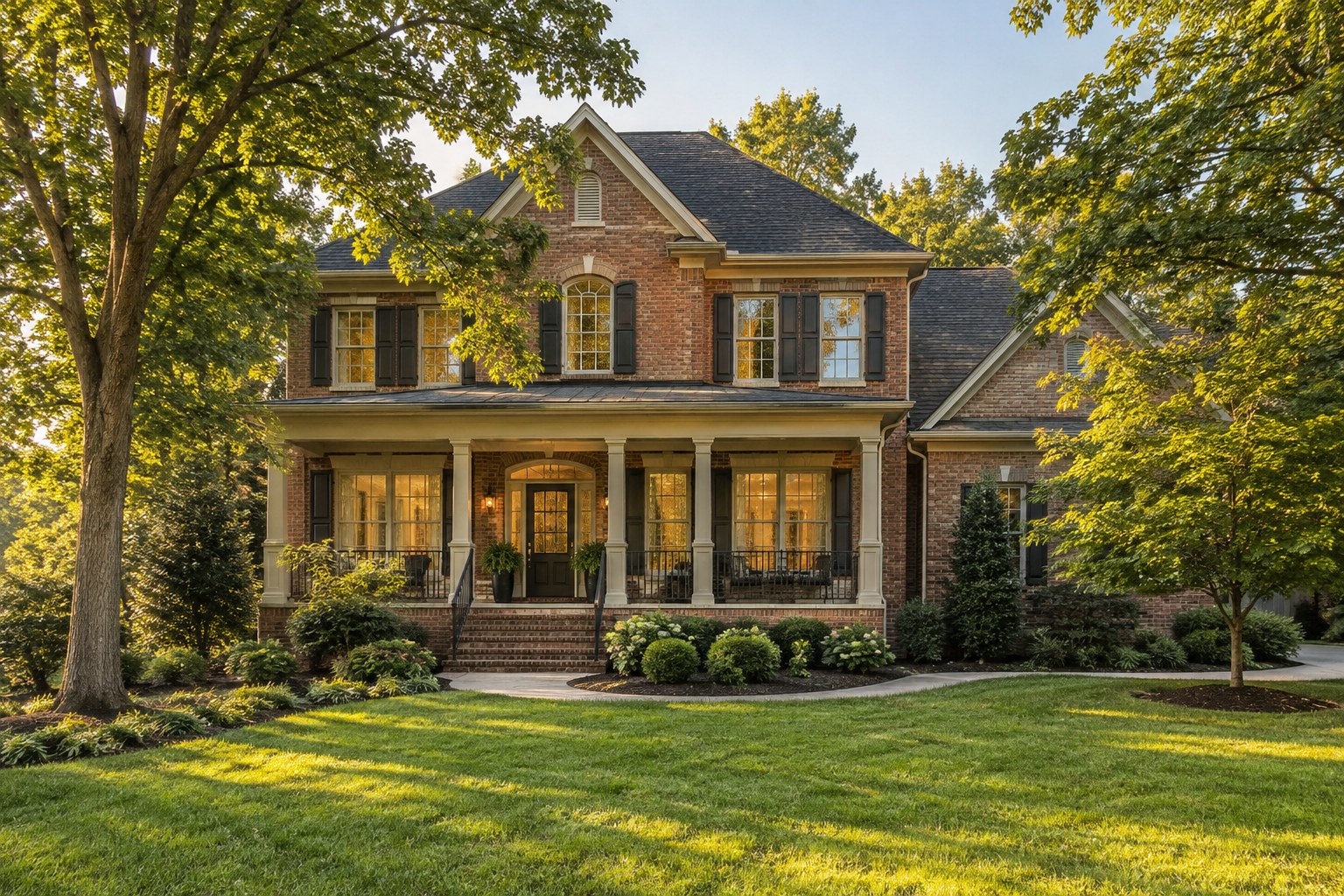 A brick home with a front porch on a quiet Tennessee street in warm evening light, illustrative