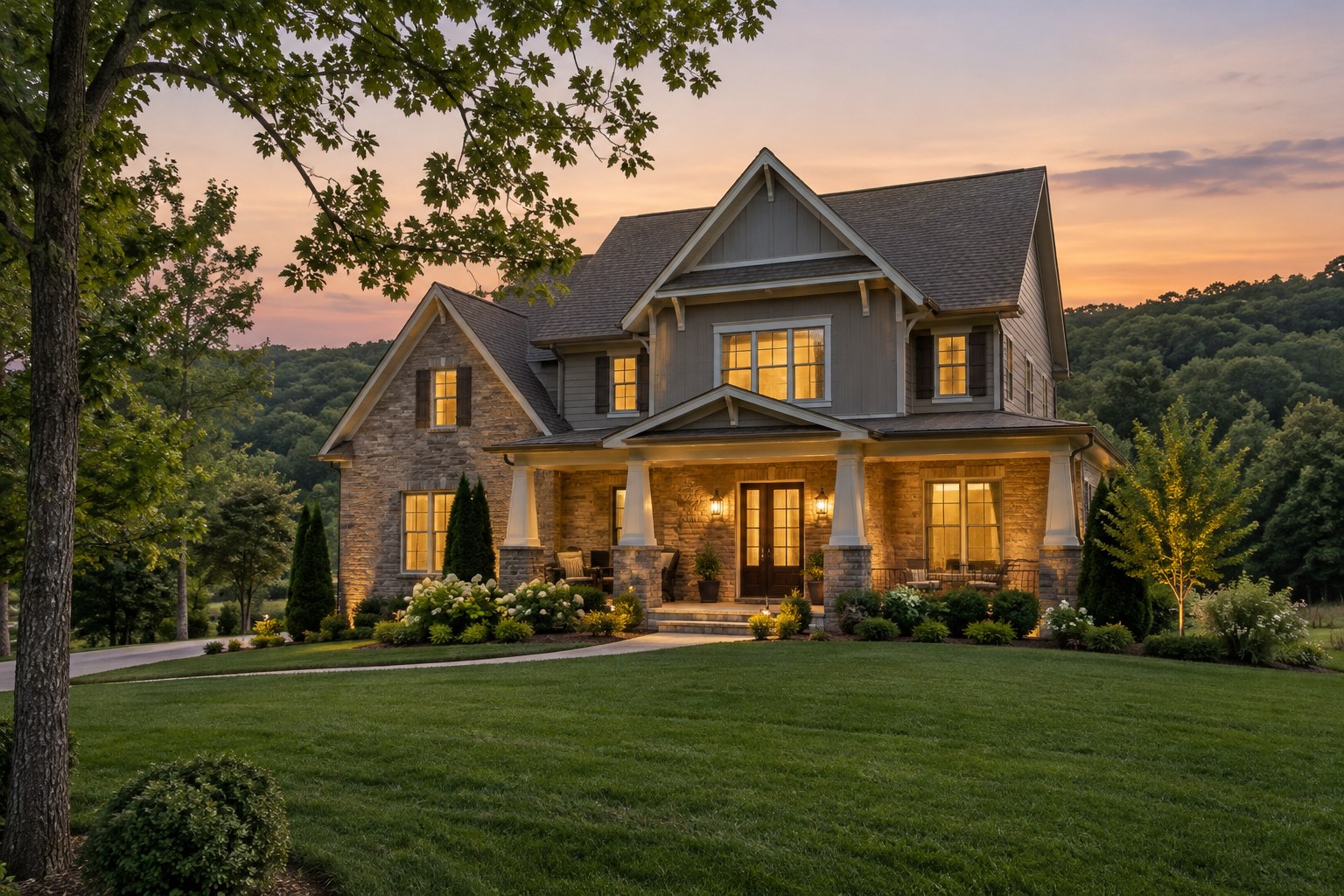 A brick home on a lot at dusk, illustrative